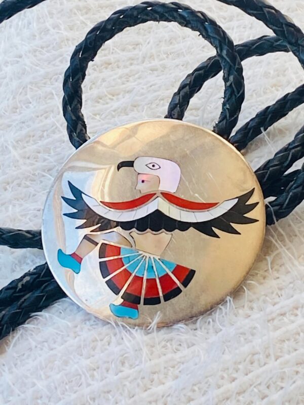 Zuni Vintage Dennis Edaakie Signed 1960s C-31 Sterling Silver Eagle Dancer Bolo Tie/