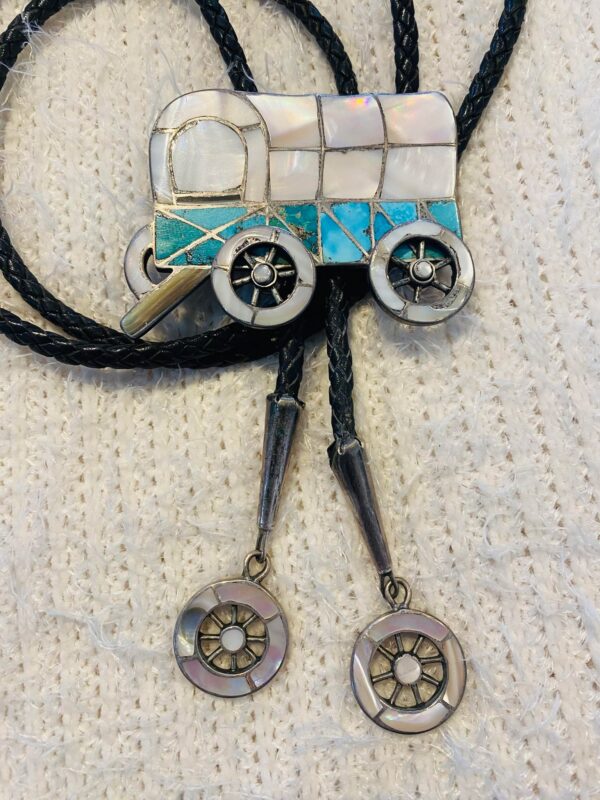 Vintage Zuni 1940s Sterling Silver Covered Wagon w Turning Wheels Bolo Tie With Matching Tips/ - Image 2