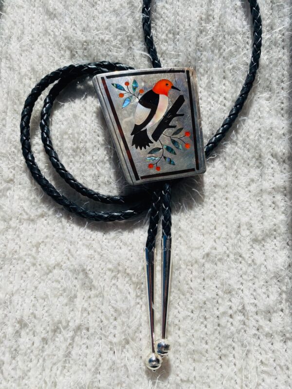 Zuni Vintage Dennis Edaakie Signed 1960s C-31 Sterling Silver Tortoise Shell Elaborate Bird Bolo Tie/