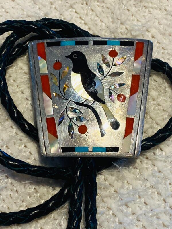 Zuni Vintage Dennis Edaakie Signed 1960s C-31 Sterling Silver Tortoise Shell Bird Bolo Tie/ - Image 2