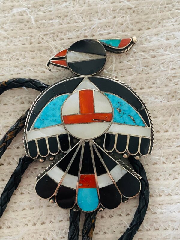 Zuni Vintage Inlay Tortoise Shell Thunderbird Sterling Silver Bolo Tie w Matching Sterling Silver Tips/ - Image 2