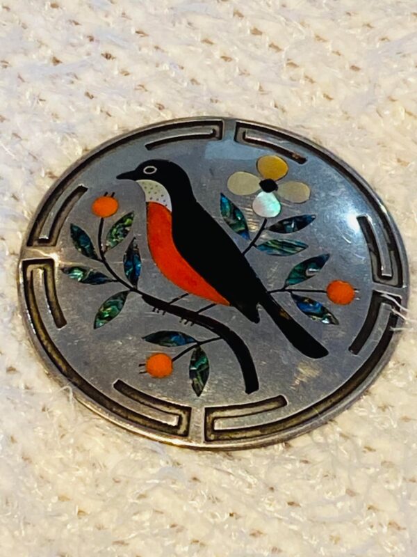 Zuni Vintage Dennis Edaakie Signed 1960s Sterling Silver Tortoise Shell Red Robin Flowers & Leaves Pin Brooch/