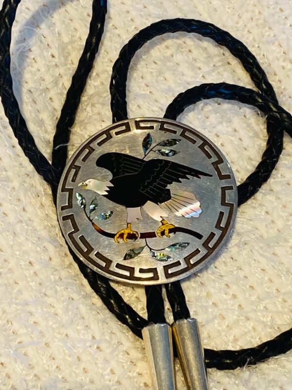 Zuni Vintage Dennis Edaakie Signed 1960s C-31 Sterling Silver Tortoise Shell Bald Eagle Bolo Tie/