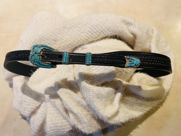 Zuni Virgil Dishta Sr. Signed Sterling Silver Turquoise Inlay Flowers Black Leather Belt Set/ - Image 2