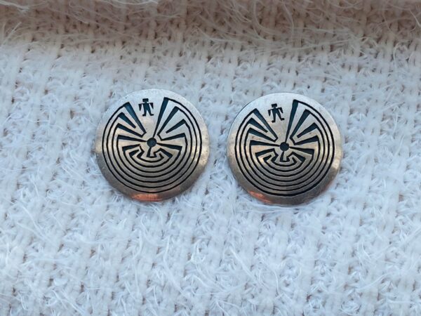 Navajo Boyd Chee Signed Sterling Silver Overlay Man in a Maze Post Earrings/