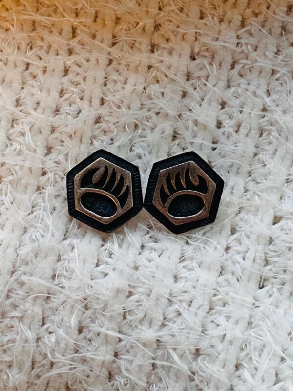 Hopi Signed Unworn Sterling Silver Overlay Bear Paw Post Earrings/