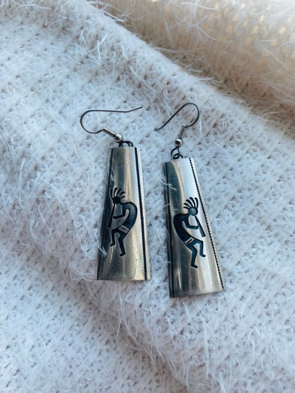 Navajo Boyd Chee Signed Sterling Silver Overlay Kachina Hook Earrings/