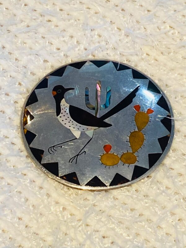 Zuni Vintage Dennis Edaakie Signed 1960s Sterling Silver Tortoise Shell Road Runner & Cactus Pin Brooch/