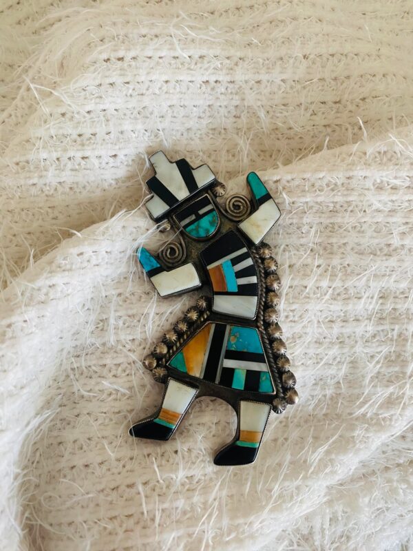 Vintage Exceptional Early Zuni Sterling Silver Poblano Natachu Cellicion Expertly Inlaid Rainbowman Pin Brooch/