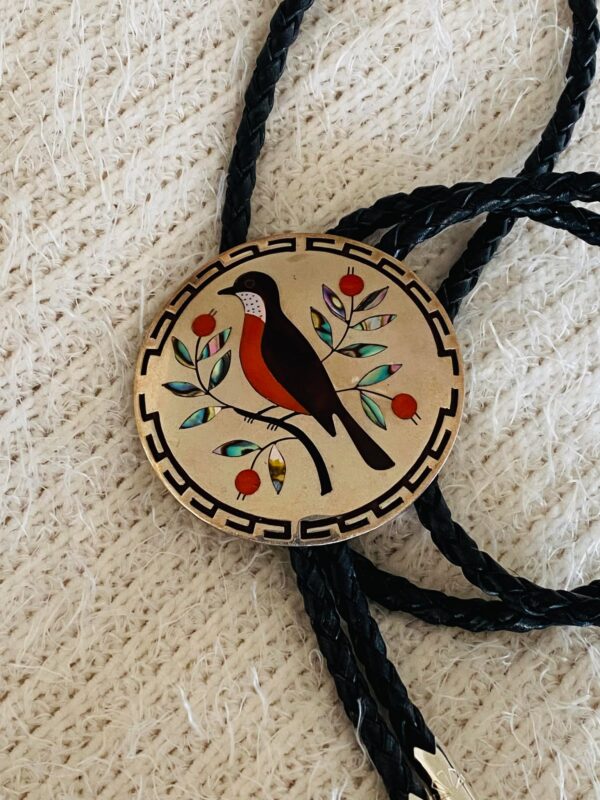 Zuni Vintage Dennis Edaakie Signed 1960s C-31 Sterling Silver Tortoise Shell Red Robin Bolo Tie/