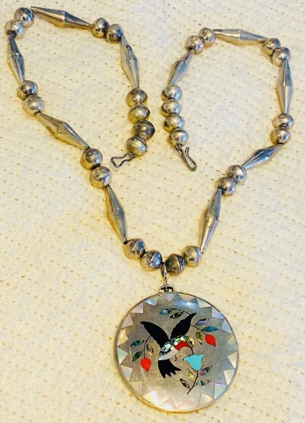 Zuni Vintage Dennis Edaakie Signed 1960s Sterling Silver Tortoise Shell Road Runner Hummingbird Spinner Necklace/ - Image 2