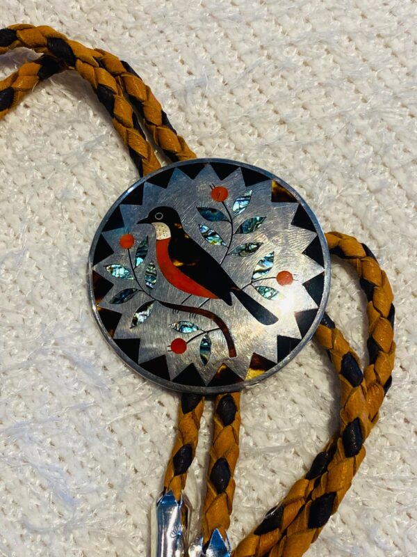 Zuni Vintage Dennis Edaakie Signed 1960s C-31 Sterling Silver Tortoise Shell Red Robin Bolo Tie/ - Image 2