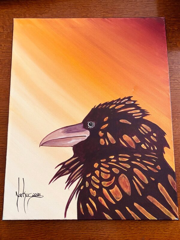 Anishinaabe Markus Houston Signed Admiring Raven Acrylic on Canvas Painting/