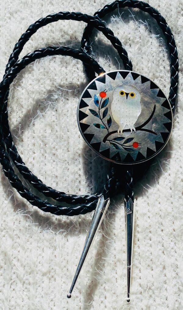 Zuni Vintage Dennis Nancy Edaakie Signed Sterling Silver Tortoise Shell Elaborate Snowy Owl Bolo Tie/