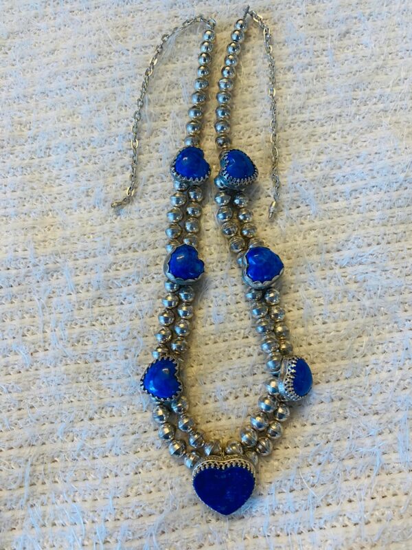 Navajo Signed Natural Lapis Lazuli Heart Sterling Silver Squash Necklace/