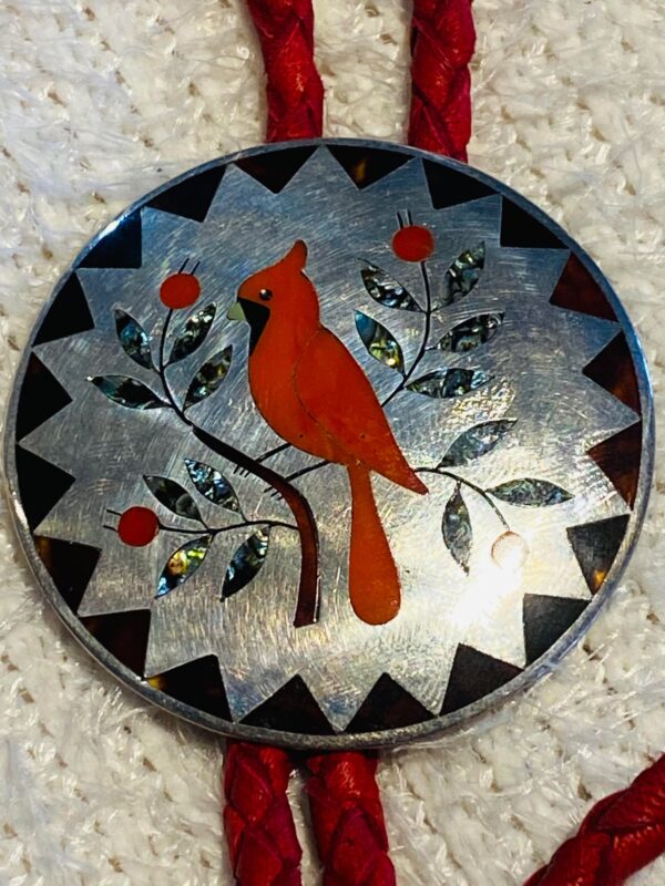 Zuni Vintage Dennis Edaakie Signed 1960s C-31 Sterling Silver Tortoise Shell Red Cardinal Bolo Tie/ - Image 2