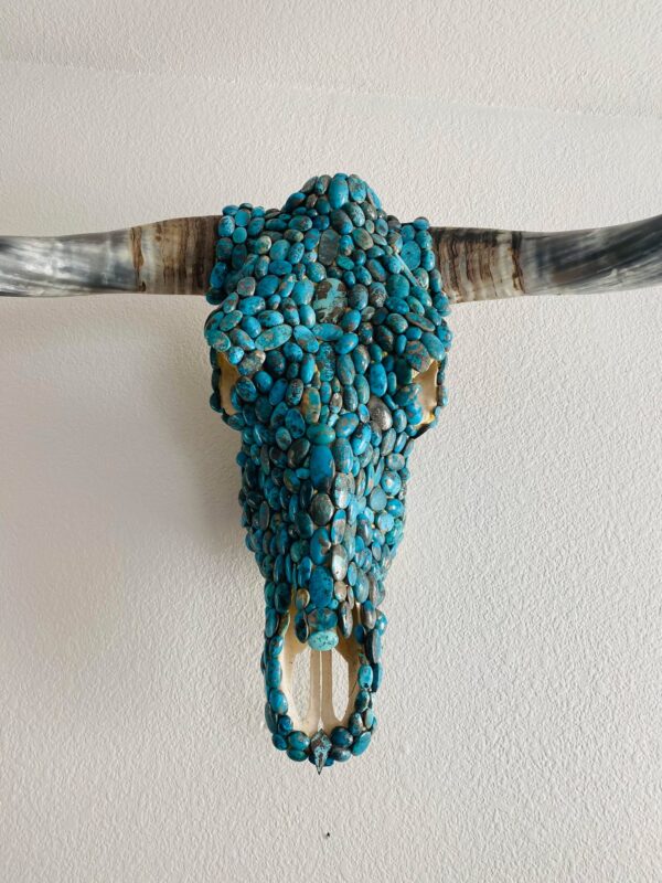 Genuine Texas Long Horn Skull Adorned with Natural Persian Turquoise Western Decor/ - Image 2