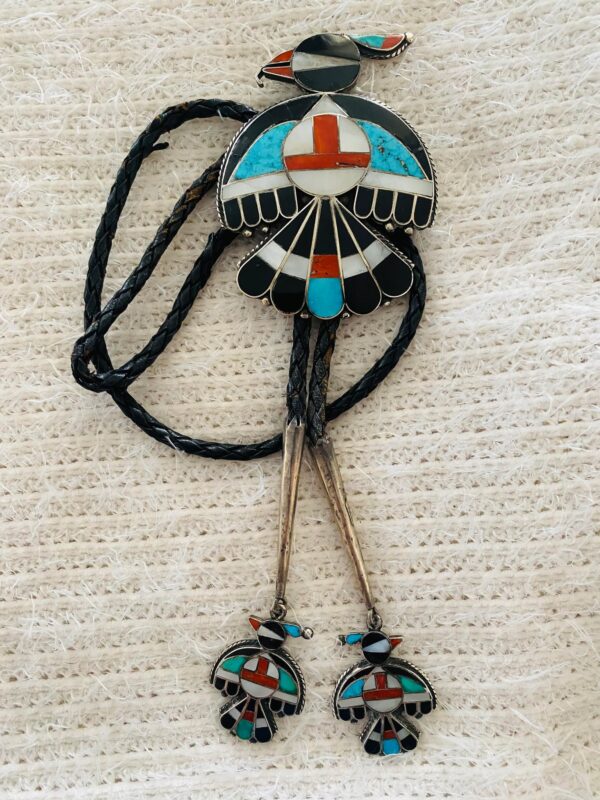 Zuni Vintage Inlay Tortoise Shell Thunderbird Sterling Silver Bolo Tie w Matching Sterling Silver Tips/