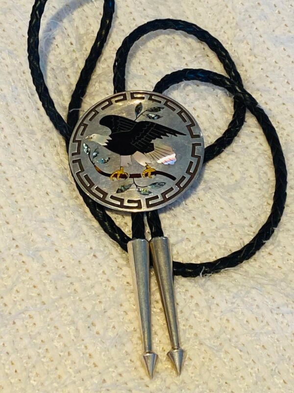 Zuni Vintage Dennis Edaakie Signed 1960s C-31 Sterling Silver Tortoise Shell Bald Eagle Bolo Tie/ - Image 2