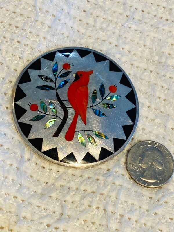 Zuni Vintage Dennis Edaakie Signed 1960s Sterling Silver Tortoise Shell Red Cardinal Pin Brooch/ - Image 2