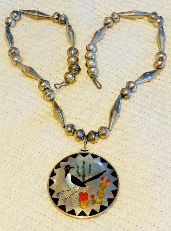 Zuni Vintage Dennis Edaakie Signed 1960s Sterling Silver Tortoise Shell Road Runner Hummingbird Spinner Necklace/