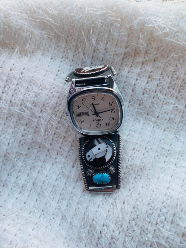 Vintage Zuni Isabel Simplicio Signed Sterling Silver Inlaid Turquoise Zuni Horse Watch Tips/ - Image 3