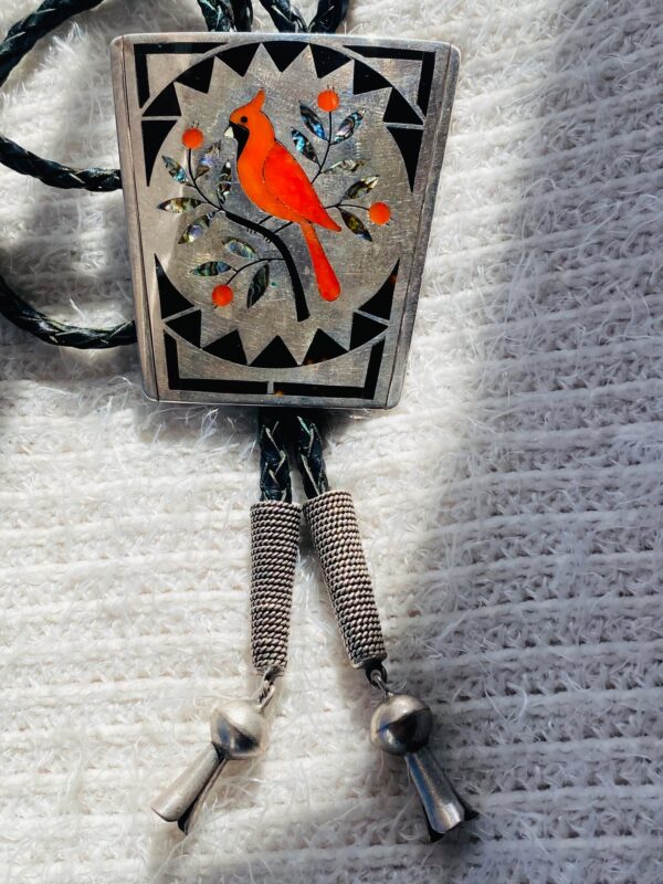 Zuni Vintage Dennis Edaakie Signed 1960s C-31 Sterling Silver Tortoise Shell Red Cardinal Bolo Tie/