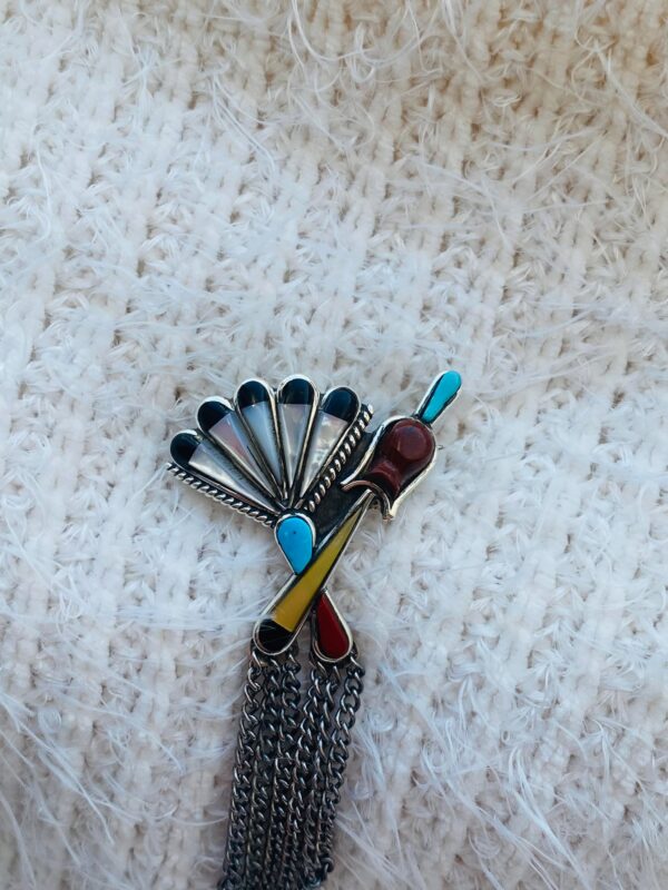 Zuni Vintage 1950s Dan Simplicio Sterling Silver Raised Mosaic Inlay Zuni Gourd and Fan Pin Brooch/