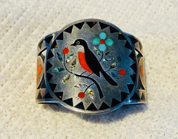 Zuni Vintage Dennis Edaakie Signed 1960s Sterling Silver Tortoise Shell Red Robin & Flowers Bracelet/