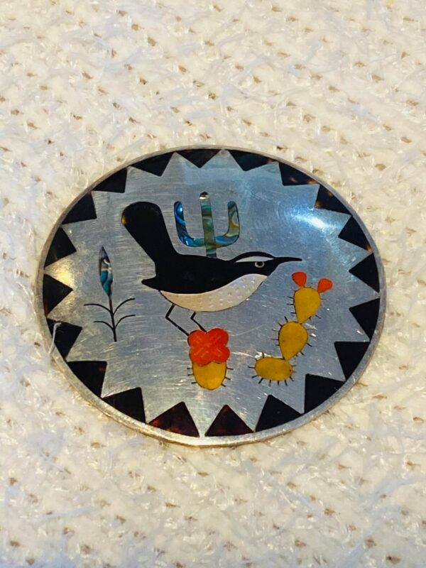 Zuni Vintage Dennis Edaakie Signed 1960s Sterling Silver Tortoise Shell Bird & Cactus Pin Brooch/