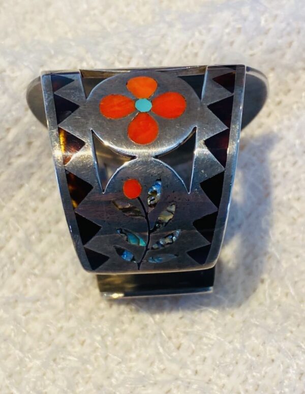 Zuni Vintage Dennis Edaakie Signed 1960s Sterling Silver Tortoise Shell Red Robin & Flowers Bracelet/ - Image 4