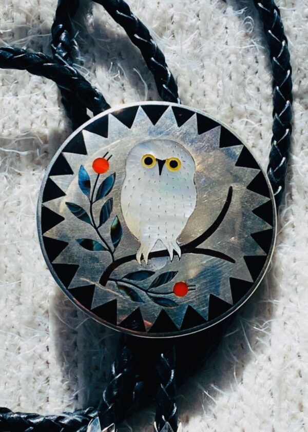 Zuni Vintage Dennis Nancy Edaakie Signed Sterling Silver Tortoise Shell Elaborate Snowy Owl Bolo Tie/ - Image 2