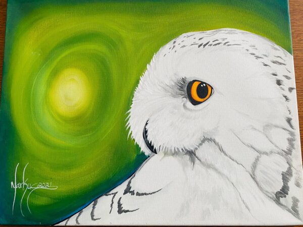 Anishinaabe Markus Houston Signed Eye of the Snowy Owl Acrylic on Canvas Painting/ - Image 2