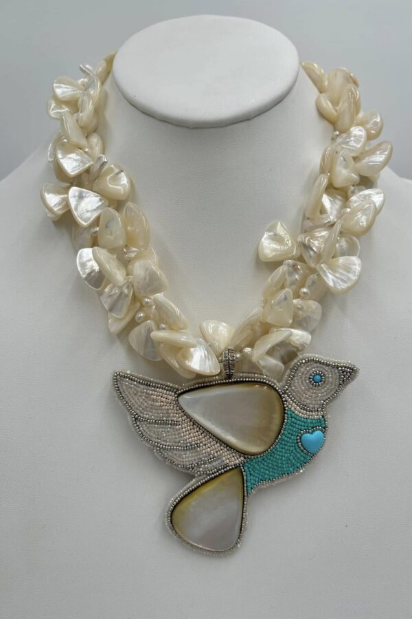 Zuni Jovanna Poblano Signed Beaded Bird in Flight Necklace with Gold Lip Mother of Pearl/