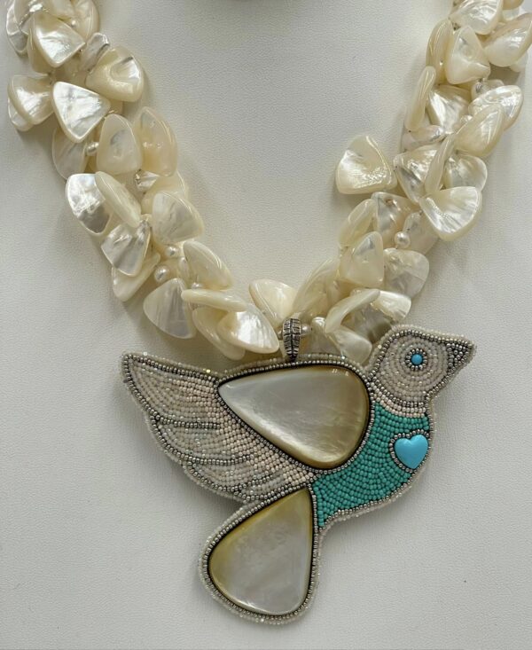 Zuni Jovanna Poblano Signed Beaded Bird in Flight Necklace with Gold Lip Mother of Pearl/ - Image 4