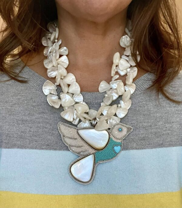 Zuni Jovanna Poblano Signed Beaded Bird in Flight Necklace with Gold Lip Mother of Pearl/ - Image 2