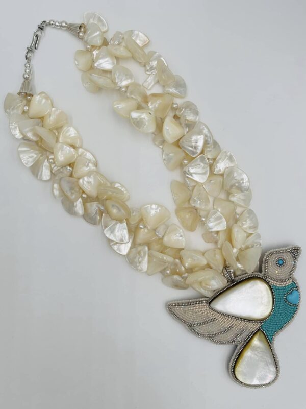 Zuni Jovanna Poblano Signed Beaded Bird in Flight Necklace with Gold Lip Mother of Pearl/ - Image 3