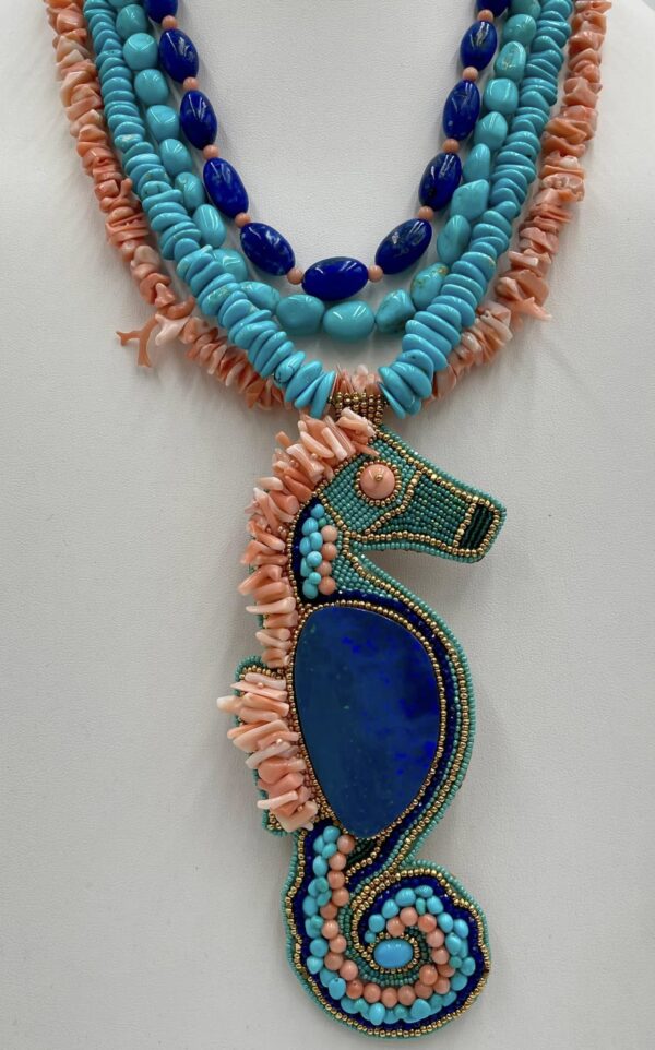 Zuni Jovanna Poblano Signed Beaded Australian Opal Turquoise Japanese Coral Lapis Lazuli Seahorse Fetish Necklace/ - Image 3