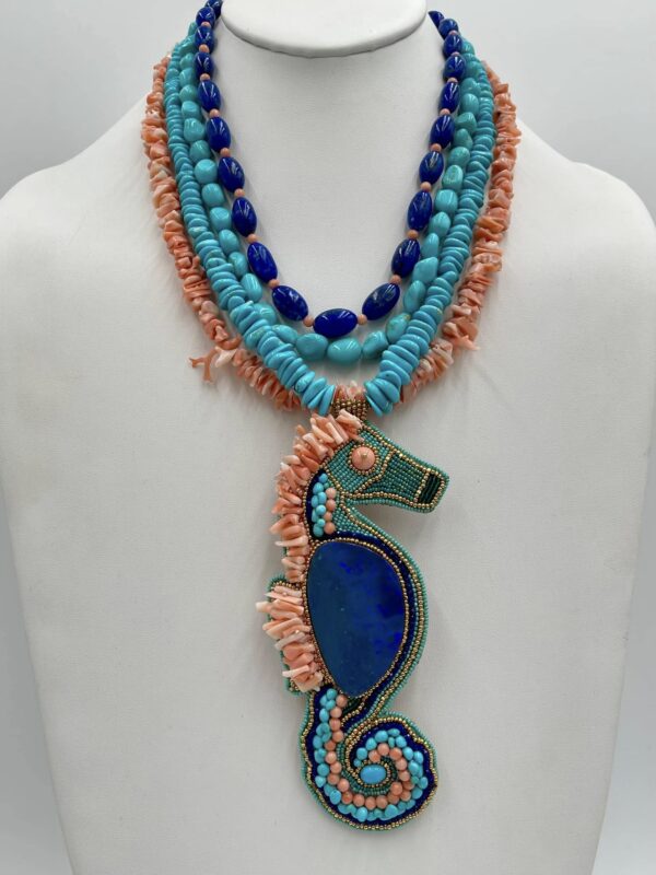 Zuni Jovanna Poblano Signed Beaded Australian Opal Turquoise Japanese Coral Lapis Lazuli Seahorse Fetish Necklace/