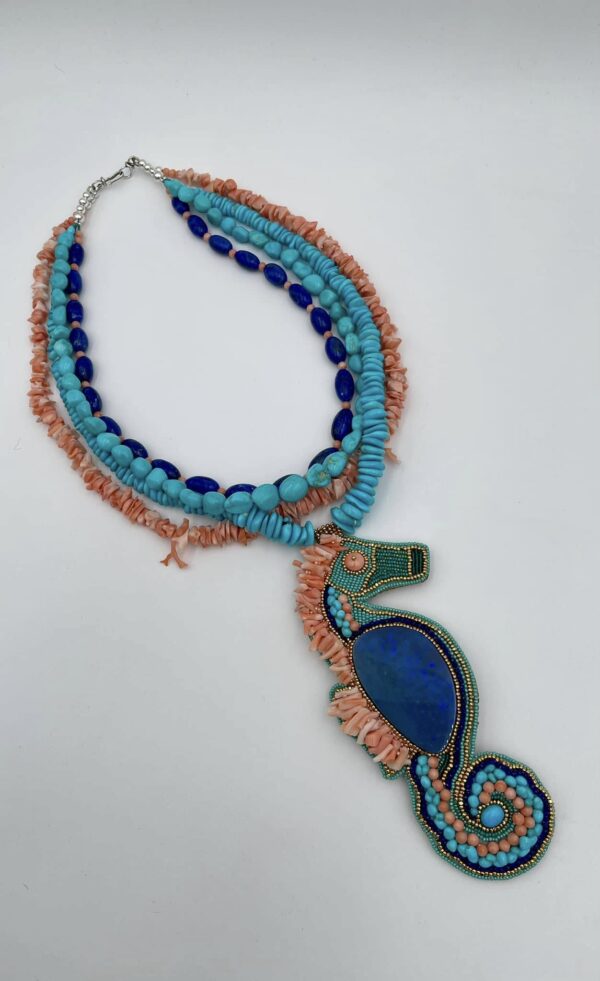 Zuni Jovanna Poblano Signed Beaded Australian Opal Turquoise Japanese Coral Lapis Lazuli Seahorse Fetish Necklace/ - Image 2