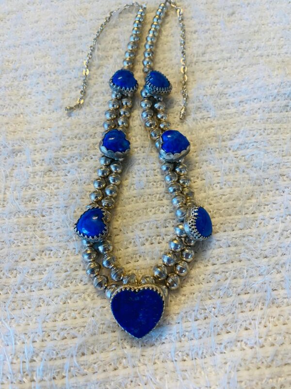 Navajo Signed Natural Lapis Lazuli Heart Sterling Silver Squash Necklace/ - Image 2