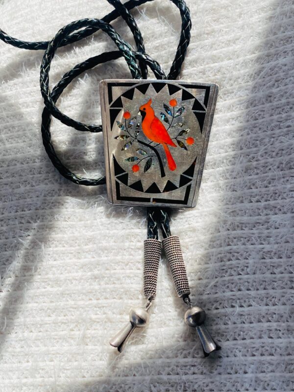 Zuni Vintage Dennis Edaakie Signed 1960s C-31 Sterling Silver Tortoise Shell Red Cardinal Bolo Tie/ - Image 2