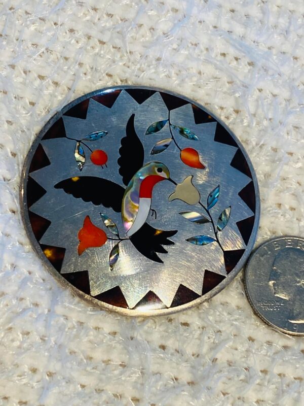 Zuni Vintage Dennis Edaakie Signed 1960s Sterling Silver Tortoise Shell Hummingbird Pin Brooch/ - Image 2