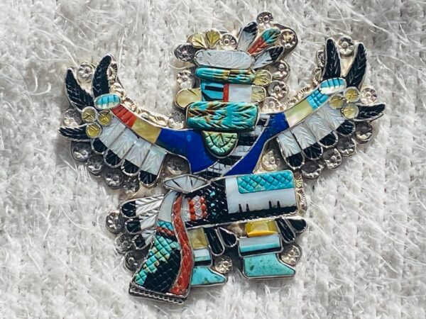 Zuni Eldred Martinez Signed Inlay Sterling Silver Eagle Dancer Kachina Pin Pendant/ - Image 2