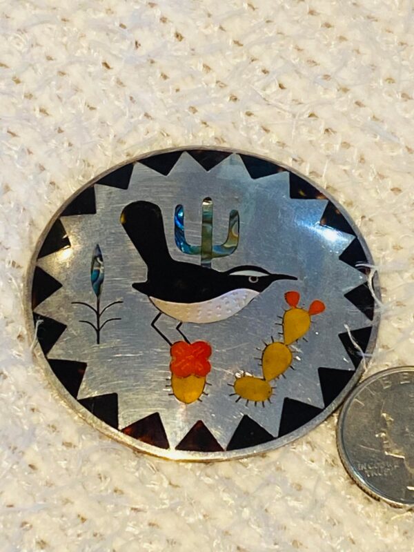 Zuni Vintage Dennis Edaakie Signed 1960s Sterling Silver Tortoise Shell Bird & Cactus Pin Brooch/ - Image 2