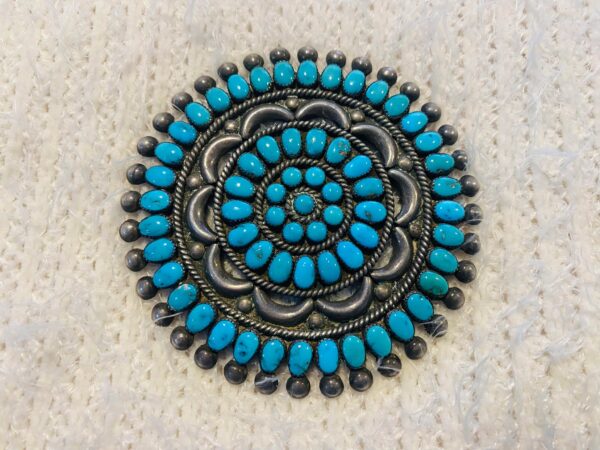 Zuni Vintage Lee & Mary Weebothee Sterling Silver Turquoise Tear Drop 3 Inch Cluster Pin Brooch/