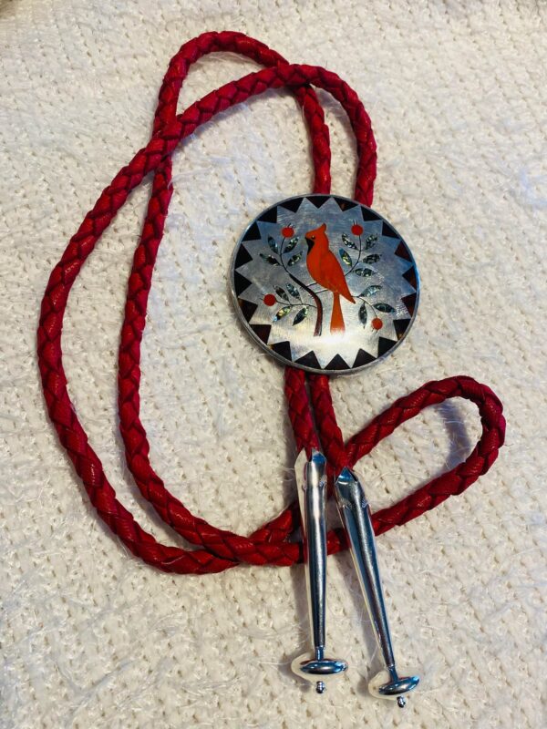 Zuni Vintage Dennis Edaakie Signed 1960s C-31 Sterling Silver Tortoise Shell Red Cardinal Bolo Tie/