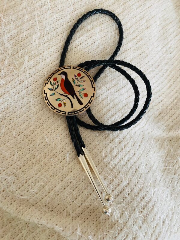 Zuni Vintage Dennis Edaakie Signed 1960s C-31 Sterling Silver Tortoise Shell Red Robin Bolo Tie/ - Image 2