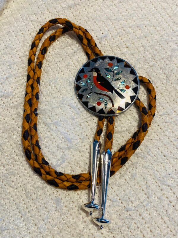 Zuni Vintage Dennis Edaakie Signed 1960s C-31 Sterling Silver Tortoise Shell Red Robin Bolo Tie/