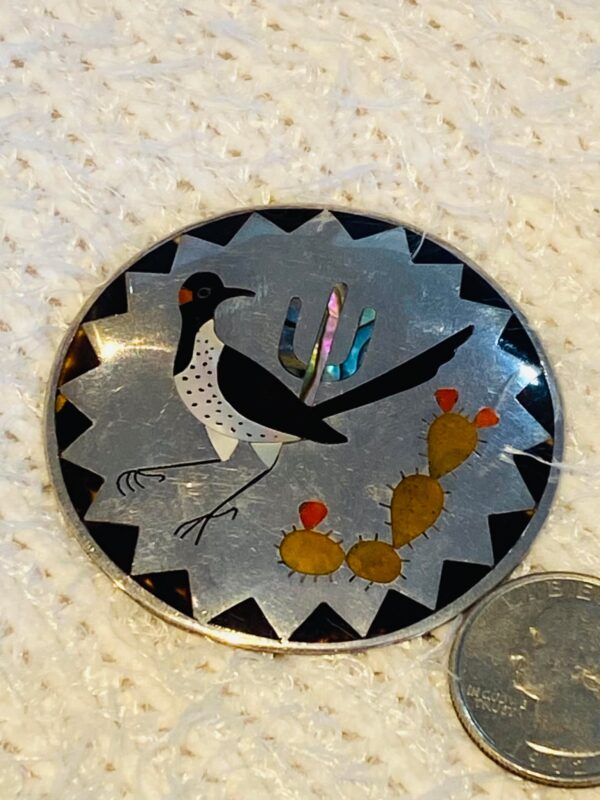 Zuni Vintage Dennis Edaakie Signed 1960s Sterling Silver Tortoise Shell Road Runner & Cactus Pin Brooch/ - Image 2